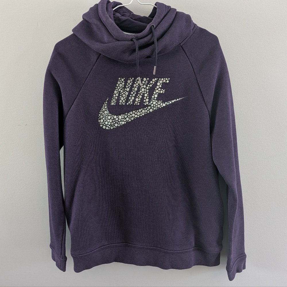 Nike Rally Funnel Neck Metallic Pullover Hoodie Dark Purple Shimmer Logo M